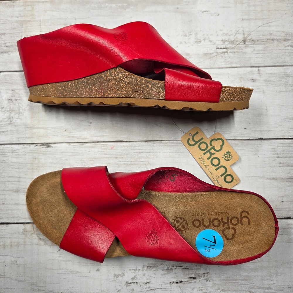Yokono Cadiz Wedge Slide Sandals‎ Women 7.5 Red Leather Cork Platform Spain
